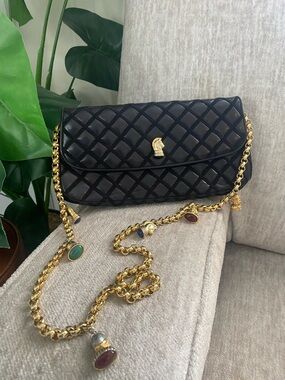 Judith Leiber New York Black Quilted Leather Clutch Handbag with Gold Chain